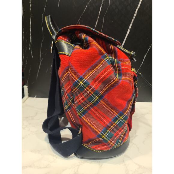 Dooney & Bourke VTG Large Red Tartan Plaid & Leather Backpack Drawstring TR573 - Picture 6 of 16